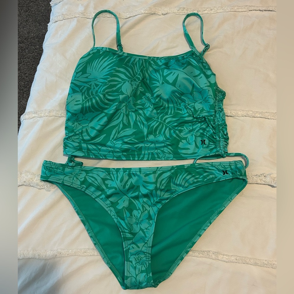 Hurley Blue & Green Leaf Print Tankini Swimsuit Set Size Large